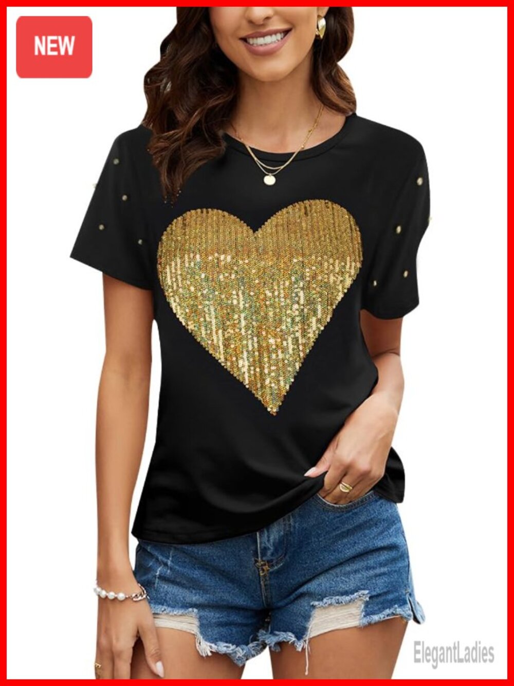 Womens Short Sleeve Sequin Graphic T-Shirt O-Neck Funny Tee Blouse